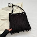 Miniatyrbillede 1 af 10: Frynset læder skuldertaske Etnisk stil Messenger Bag SORT Black