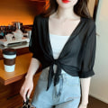 Miniatyrbillede 7 af 10: Halværmet Chiffon Sjal Tynd Kort Cardigan SORT XL black XL