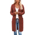 Women's Long Cardigan, Cable Knit Sweater, Long Sleeve Open Front, Button Down Cardigans with Pockets for Fall Winter Wine Red S