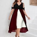 Miniatyrbild 4 av 5: Vår Sommar Plus Size Damkläder Elegant Mode Off Shoulder V-ringning Patchwork Chiffong Faux Tvådelad Oregelbunden Klänning blue S