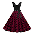Miniatyrbilde 1 av 5: Dame Midi Kant Høy Midje Snøring Stram Kjole Blomster Sløyfe Dekor Ermeløs A-linje Løs Kant Prikket Retro 50-talls wine red XL