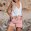 Miniatyrbillede 3 af 5: Dame Shorts Sommer Mode Afslappede Musselin Bukser med Høj Talje Lige Ben Sport Afslappede Løse Shorts med Snøre Kort Pink XL