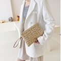 Miniatyrbillede 5 af 5: Kvindernes Halm Clutch Taske Bohemian Sommer Strandtasker Vævning Håndtaske Kvinder Håndtaske Pung Lynlås Wristlet Taske Halm Clutch Pung Halm Håndtaske