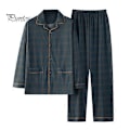 Miniatyrbillede 1 af 5: 2 stk./sæt Herre Pyjamas Sæt Plaid Print Revers Langærmet Enkeltknappet Skjorte Elastisk Talje Lange Bukser Sæt Løs Pasform Loungewear Sæt dark green XL