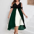 Miniatyrbild 1 av 5: Vår Sommar Plus Size Damkläder Elegant Mode Off Shoulder V-ringning Patchwork Chiffong Faux Tvådelad Oregelbunden Klänning green 4XL