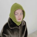 Miniatyrbilde 1 av 5: Høykvalitets ullstrikket lue med balaklava for kvinner, høst- og vinterlue, koreansk designer, varm pullover-halsvarmer, hette Army green 56-59cm