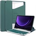 Miniatyrbillede 1 af 5: Kompatibel med Samsung Galaxy Tab S9 FE Taske Læder+Akryl Roterende Støtte Cover med Bluetooth Tastatur DarkGreen