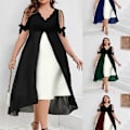 Miniatyrbild 3 av 5: Vår Sommar Plus Size Damkläder Elegant Mode Off Shoulder V-ringning Patchwork Chiffong Faux Tvådelad Oregelbunden Klänning green 4XL