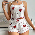 Miniatyrbild 1 av 5: Dam Hemmakläder Kärlekstryckta Linne Shorts Tunn Ribbstickad Utekläder Europeiska och Amerikanska Dam Pyjamas Red And White L