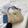 Miniatyrbild 2 av 4: Axelremsväska i halm för kvinnor, sommarväska i halm för kvinnor, strandsemester, stilren avslappnad virkad väska med dragkedja Beige