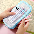 Miniatyrbillede 6 af 7: Gitternet Pencil Case Stor Kapacitet Blyantpose Transparent Makeup Pung Kosmetikpung til Studerende Skole College Kontor Blue