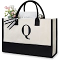 Miniatyrbild 1 av 6: Personlig Canvas Strandväska med Initialer, Monogrammerad Present Tote Bag för Kvinnor