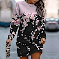 Miniatyrbilde 4 av 5: Dame Høst Vinter Genser Kjole Blomsterprint Rund Hals Lange Ermer Løs Pullover Tykk Varm Middels Lengde Elastisk Mansjett Dame Vår Mini Kjole blue XL