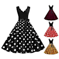 Pikkukuva 4 / 5: Naisten Midi Edge V-kaula-aukko Korkea Vyötärö Nauhallinen Tiukka Mekko Kukka Rusetti Koriste Hihaton A-linjainen Löysä Helma Pilkkupainatus Retro 50-luku red,white XL