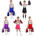 Pikkukuva 3 / 5: Tyttöjen cheerleading-asu tanssipuku lasten cheerleader-asu pyöreä pääntie tilkkutyylinen tanssimekko kukka ja sukat purple 7-8 Years