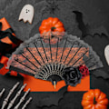 Pikkukuva 4 / 4: Halloween Musta Käsikäyttöinen Pitsiruusu-Käsituuletin, Vintage Retro Kukallinen Espanjalainen Suuri Taittuva Tuuletin