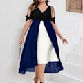 Miniatyrbild 5 av 5: Vår Sommar Plus Size Damkläder Elegant Mode Off Shoulder V-ringning Patchwork Chiffong Faux Tvådelad Oregelbunden Klänning red 4XL