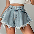 Miniatyrbild 2 av 3: Denimshorts Rivna Hög Midja Lös Hög Kvalitet Tofsjeans S