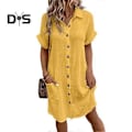 Miniatyrbillede 1 af 5: Sommer Kjole til Kvinder Nedfaldskrave Enkeltknappet Løs Kortærmet Ensfarvet Patch Lomme Knælang Pendler Fritid Midi Kjole yellow XL