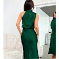 Miniatyrbillede 4 af 5: Dame Sommer Satin Ærmeløs Plisseret Lang Kjole Dark green S