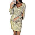 Miniatyrbilde 1 av 4: Dame Paljettkjole Glitter Sexy Dyp V-hals Kort Kjole Over Knelengde Lang Duskeermet Kjole S Yellow
