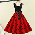 Miniatyrbilde 2 av 5: Dame Midi Kant Høy Midje Snøring Stram Kjole Blomster Sløyfe Dekor Ermeløs A-linje Løs Kant Prikket Retro 50-talls black white S