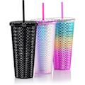 Miniatyrbilde 4 av 6: Studded Tumbler med lokk og sugerør, gjenbrukbar kopp med sugerør lokk, plast vannflaske, iset kaffe reisekrus kopp - Svart
