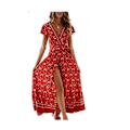 Miniatyrbilde 1 av 4: Boho Sommerkjole for Kvinner med Splitt i Siden, Dyp V-Hals, Korte Ermer og Belte XL