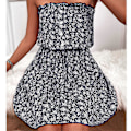 Miniatyrbillede 2 af 5: Trendy Mørkeblå Stropløs Off Shoulder Kjole - Moderigtigt Blomsterprint Sommerbeklædning, L