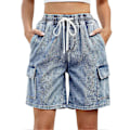 Miniatyrbild 1 av 5: Elastiska shorts med dragsko i midjan för dam, flera fickor, lediga sommarshorts för daglig användning, blå L