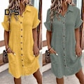 Miniatyrbillede 2 af 5: Sommer Kjole til Kvinder Nedfaldskrave Enkeltknappet Løs Kortærmet Ensfarvet Patch Lomme Knælang Pendler Fritid Midi Kjole yellow 2XL