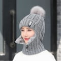 Miniatyrbillede 1 af 5: Siamesisk Vindtæt Hat, Strikket Ulddragt, Kvinders Uldstrikkede Ski Sæt, Tyk Siamesisk Halsklæde Gray