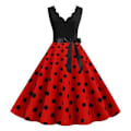 Miniatyrbilde 1 av 5: Dame Midi Kant Høy Midje Snøring Stram Kjole Blomster Sløyfe Dekor Ermeløs A-linje Løs Kant Prikket Retro 50-talls red M