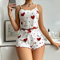 Miniatyrbild 2 av 5: Dam Hemmakläder Kärlekstryckta Linne Shorts Tunn Ribbstickad Utekläder Europeiska och Amerikanska Dam Pyjamas Red And White S