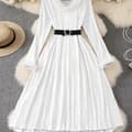 Plus Size V-ringad Långärmad Swingklänning med Bälte Jacquardkant Julkvällsklänning White 5XL