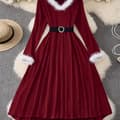 Plus Size Julkväll Swingklänning Långärmad V-ringad Jacquard med Bälte Burgundy 1XL