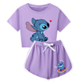 Miniatyrbild 1 av 3: Flickor Stitch Tryckt Träningsdräkt Söt Tecknad Anime Kortärmad T-shirt + Shorts Set Vardagliga Sportkläder Purple 110cm