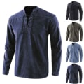 Miniatyrbild 2 av 3: Viking piratdräkt långärmad V-ringad snörning T-shirt för män grey M