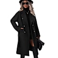 Miniatyrbilde 2 av 7: Lang ullkåpe for kvinner med hakket revers, dobbeltknappet trenchcoat black 2XL