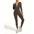 Miniatyrbillede 5 af 7: Kvindes Langærmet Ribbet Jumpsuit med Lynlås Foran Træning Bodycon Romper brown XL