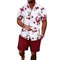 Miniatyrbild 3 av 8: Herr 2-delars outfit blommig tropisk tryck knapp ner skjorta set red S