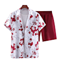 Miniatyrbild 1 av 8: Herr 2-delars outfit blommig tropisk tryck knapp ner skjorta set red S
