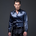 Pikkukuva 4 / 5: Miesten Kiiltävä Slim Fit Satiini Pitkähihainen Paita navy blue M