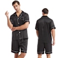 Miniatyrbillede 1 af 4: Mænds Silke Satin Pyjamas Sæt Kortærmet Skjorte Top og Shorts black XL