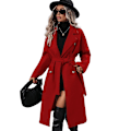 Miniatyrbillede 1 af 7: Dame Lang Uldblæserjakke med Hakket Slag, Dobbeltbrystet Trenchcoat red XL