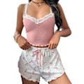 Miniatyrbild 3 av 5: Dam 2-delad pyjamas set nattkläder cami shorts set V-ringad spets nattkläder pink L