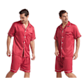 Miniatyrbild 2 av 4: Herrar siden satin pyjamas set kortärmad skjorta topp och shorts red S