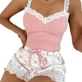 Miniatyrbild 2 av 5: Dam 2-delad pyjamas set nattkläder cami shorts set V-ringad spets nattkläder pink L