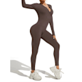 Miniatyrbilde 2 av 7: Kvinners Langærmet Ribbet Jumpsuit med Glidelås foran Trening Bodycon Romper brown S