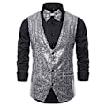 Miniatyrbild 1 av 4: Herrar Glittrande Sekvensväst V-ringad Regular Fit Festklänning Kostym Väst Fluga 2 Delar silver XL